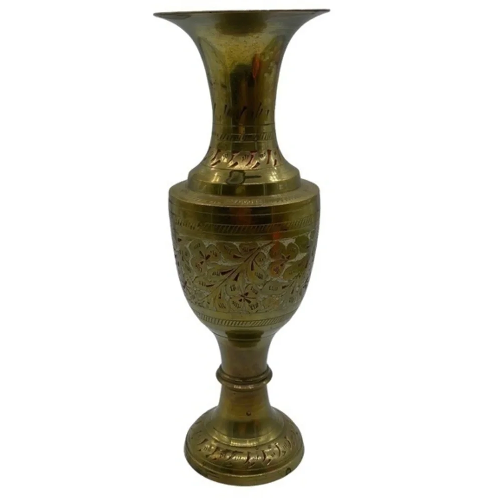 Brass Etched with White and Red Inlay Leaf Pattern Vase